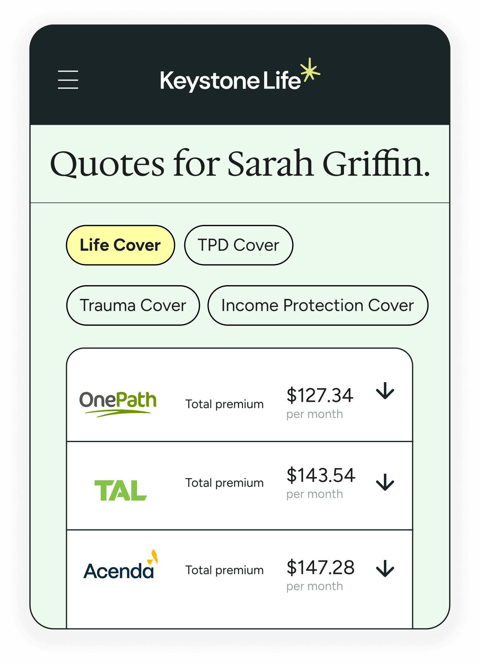 Example life insurance quotes shown for a sample customer