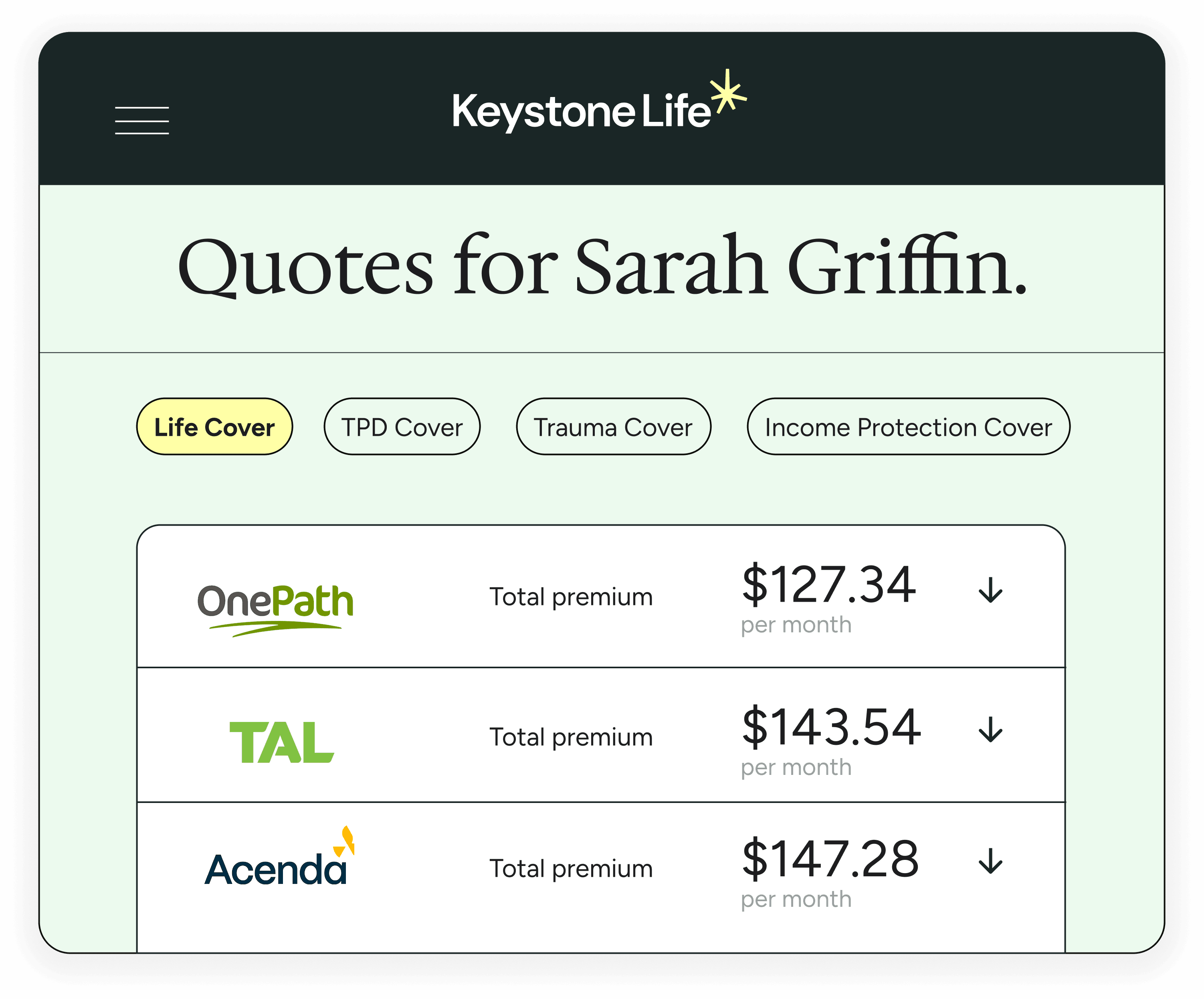 Example life insurance quotes shown for a sample customer